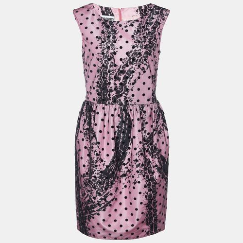 Moschino Couture Pink Printed Satin & Polka Dot Tulle Sleeveless Sheath Dress L - Moschino Couture - Modalova