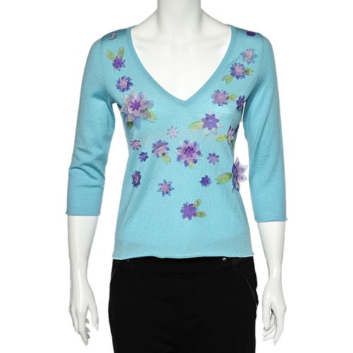 Moschino Cheap and Chic Blue Wool Floral Applique V-Neck Sweater M - Moschino Cheap and Chic - Modalova