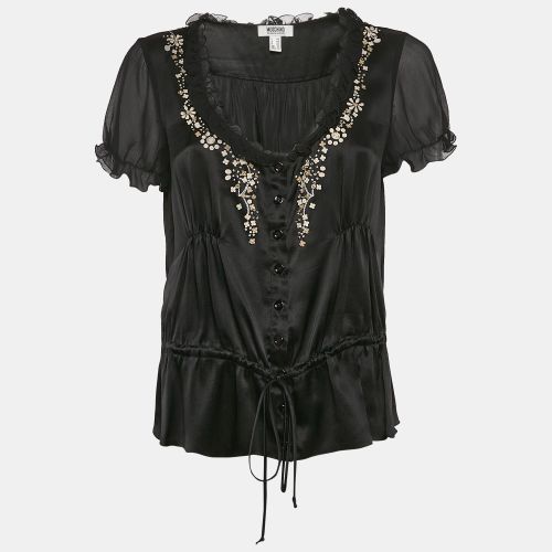 Moschino Black Embroidered Satin Silk Ruffled Detail Blouse M - Moschino Cheap and Chic - Modalova