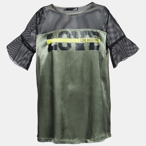 Love Moschino Green/Black Satin Blusa Mesh Sleeve T-shirt S - Moschino - Modalova