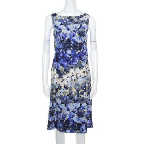 Moschino Blue Floral Printed Linen Silk Bateau Neck Shift Dress S - Moschino - Modalova