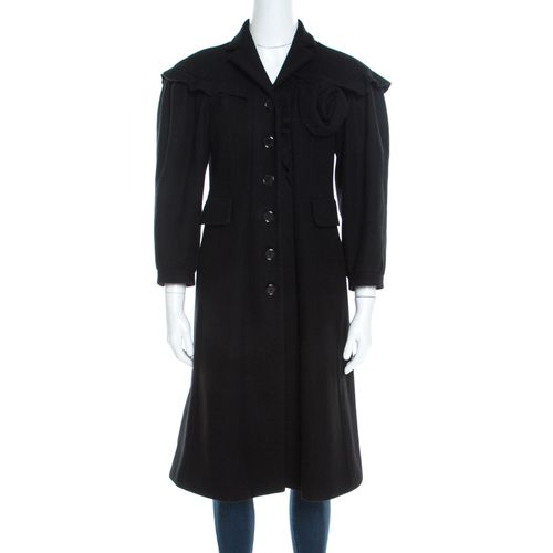 Moschino Black Wool Ruffled Trim Rosette Applique Button Front Long Coat M - Moschino - Modalova