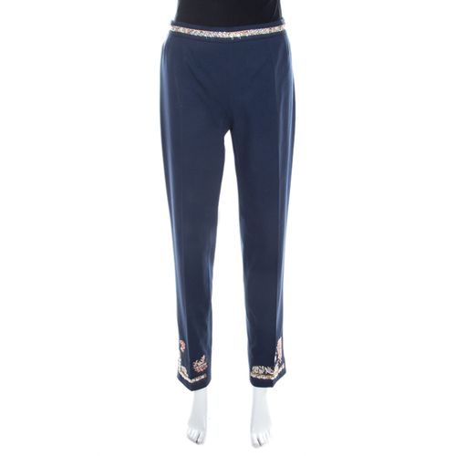 Moschino Navy Blue Cotton Embroidered Embellished Detail Fitted Trousers M - Moschino - Modalova