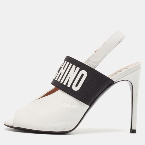 Moschino White/Black Leather and Elastic Logo Open Toe Slingback Pumps Size 37 - Moschino - Modalova