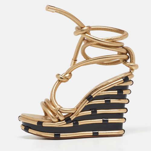 Moschino Metallic Gold Leather Wedge Ankle Wrap Sandals Size 37.5 - Moschino - Modalova