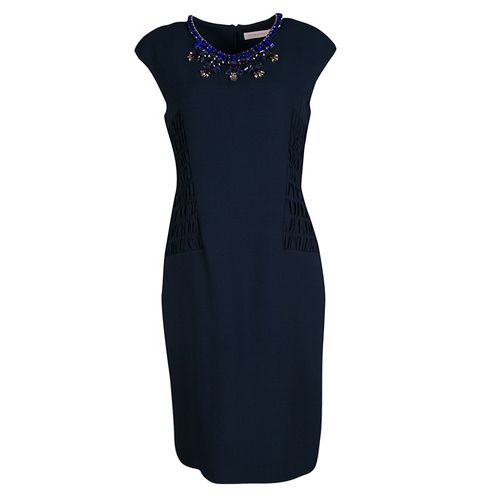 Matthew Williamson Navy Blue Smocked Waist Detail Embellished Neck Sleeveless Dress M - Matthew Williamson - Modalova