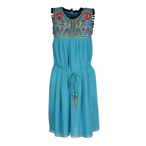 Matthew Williamson Escape Blue Floral Embroidered Silk Pom Pom Trim Sleeveless Dress M - Matthew Williamson - Modalova