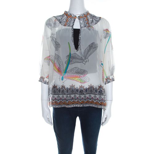 Matthew Williamson Off White Dragonfly Printed Silk Chiffon Sheer Blouse M - Matthew Williamson - Modalova