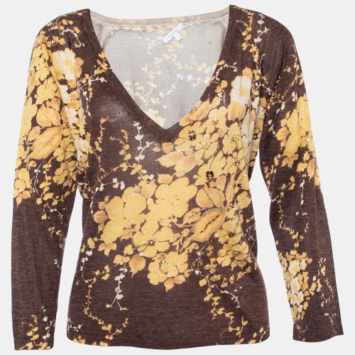 Max Mara Brown Floral Printed Silk & Linen Knit Embellished V-Neck Top L - Max Mara - Modalova