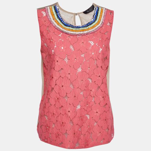 Max Mara Pink Floral Lace & Cotton Knit Embellished Detail Sleeveless Top M - Max Mara - Modalova