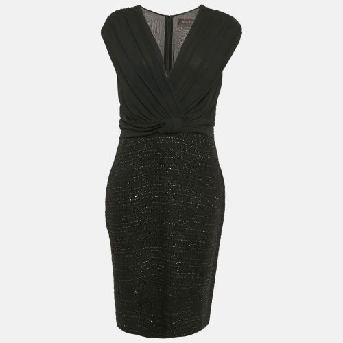 Max Mara Black Tweed and Silk Draped V-Neck Short Dress M - Max Mara - Modalova