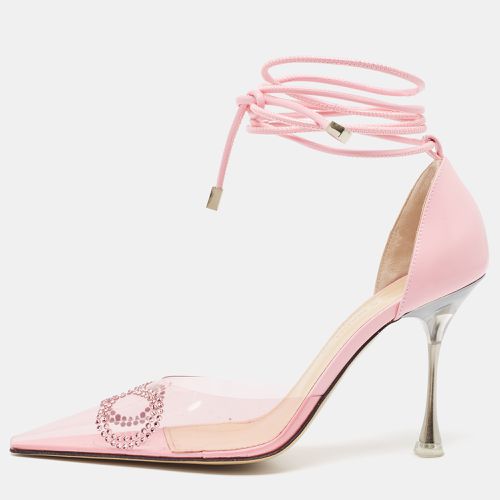 Mach & Mach Pink Leather and PVC Crystal Embellished Bow Ankle Wrap Sandals Size 37 - Mach & Mach - Modalova