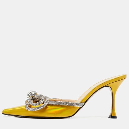 Mach & Mach Metallic Yellow Patent Leather Crystal Embellished Double Bow Mules Size 38.5 - Mach & Mach - Modalova