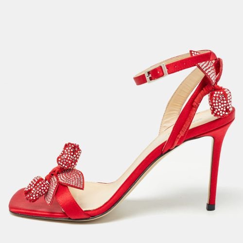 Mach & Mach Red Satin Tulip Crystals Ankle Strap Sandals Size 39 - Mach & Mach - Modalova