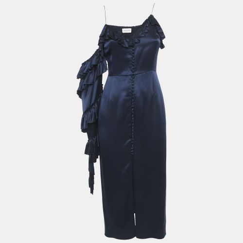 Magda Butrym Navy Blue satin Silk Ruffled Asymmetric Sleeve Midi Dress S - Magda Butrym - Modalova