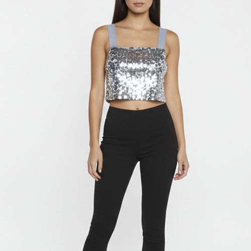 Silver/ Sequin Embellished Stretch Knit Cropped Top S - Maje - Modalova