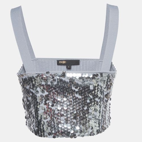 Silver/ Sequin Embellished Stretch Knit Cropped Top S - Maje - Modalova