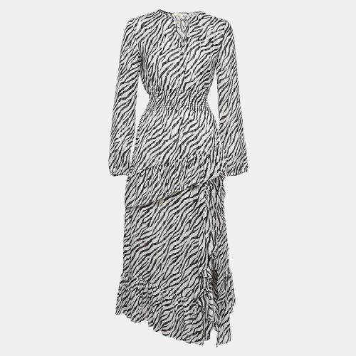 White Zebra Print Lurex Crepe Ruffled Maxi Dress S - Maje - Modalova