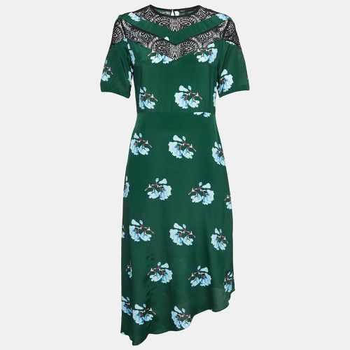 Maje Green Floral Print Lace Trim Crepe Asymmetric Midi Dress M - Maje - Modalova