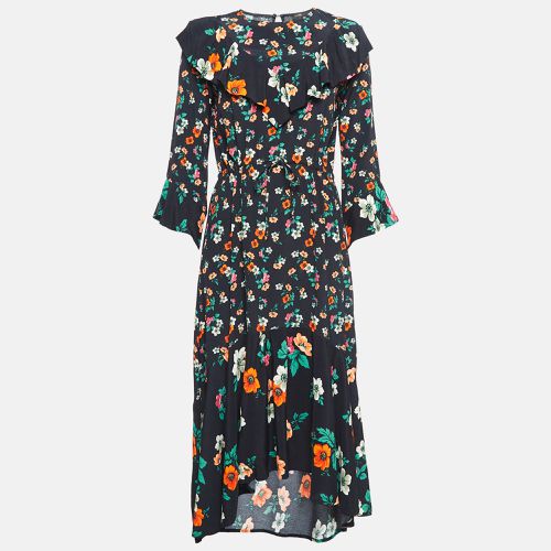 Maje Black Floral Print Crepe Ruffled Midi Dress M - Maje - Modalova