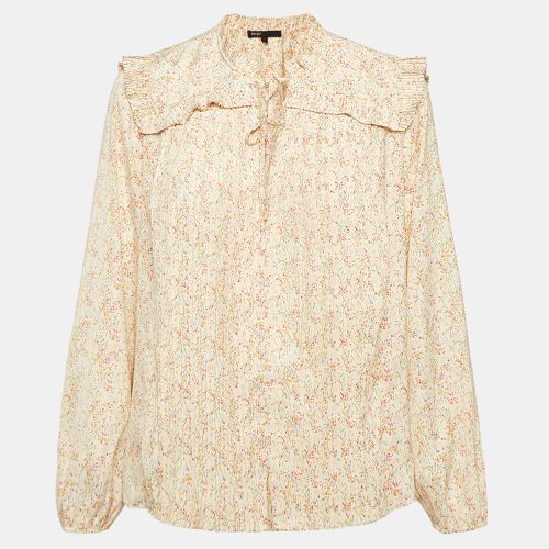 Maje Beige Printed Crepe Plisse Detail Top M - Maje - Modalova