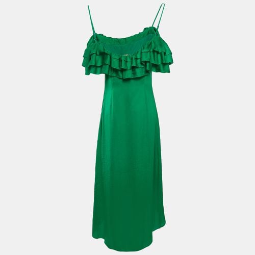 Maje Green Satin Ruffled Rovanta Midi Dress L - Maje - Modalova