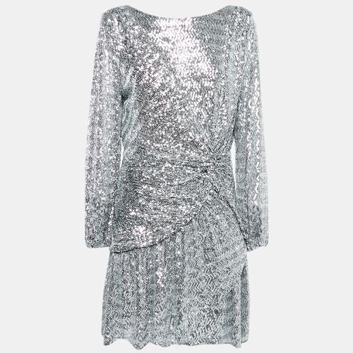 Maje Silver Sequin Crepe Ruched Full Sleeves Mini Dress XL - Maje - Modalova