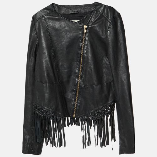 Maje Black Leather Zip-Up Fringed Hem Detail Jacket M - Maje - Modalova