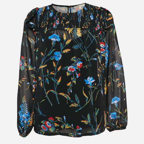 Maje Black Floral Print Crepe Smocked Top L - Maje - Modalova