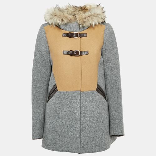 Maje Grey Wool Buckle Detail Fur Hooded Coat M - Maje - Modalova