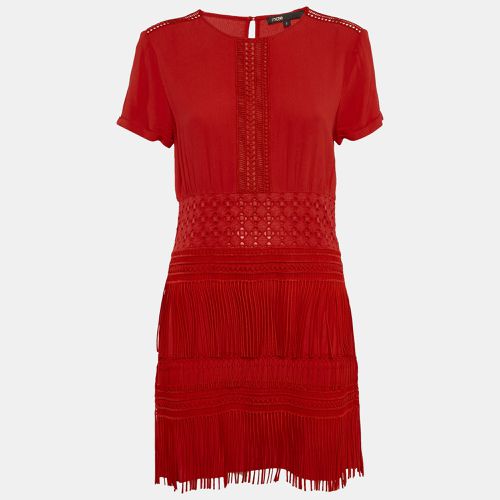 Maje Red Crepe Lace Trim Detail Fringed Mini Dress M - Maje - Modalova