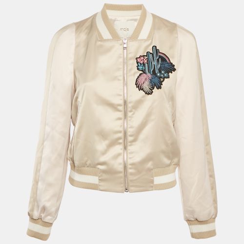 Maje Beige Cactus Applique Satin Bomber Jacket L - Maje - Modalova