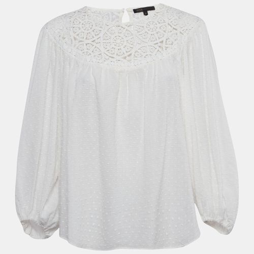 Maje White Textured Cotton Crochet Yoke Detail Blouse M - Maje - Modalova