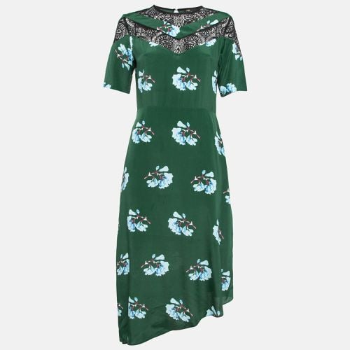 Maje Green Floral Print Lace Trim Crepe Asymmetric Midi Dress M - Maje - Modalova