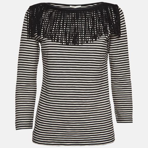 Maje Black/White Stripe Cotton Fringed Detail T-Shirt M - Maje - Modalova