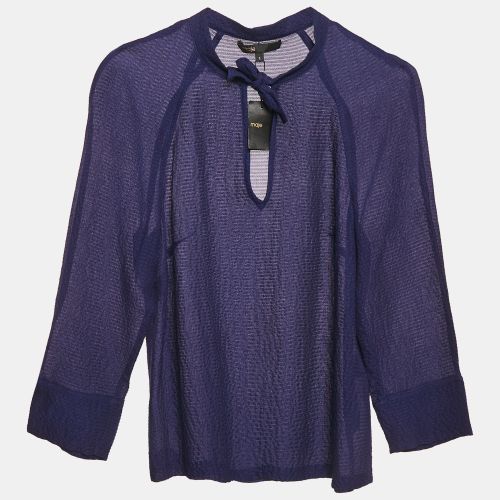 Maje Navy Blue Textured Silk Tie-Up Neck Detail Top S - Maje - Modalova