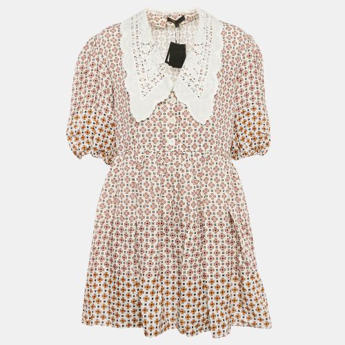 Maje Ecru White Geometric Print Linen Detachable Lace Collar Mini Dress L - Maje - Modalova