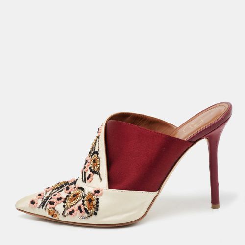 Malone Souliers Off White/Burgundy Satin Floral Embroidered Pointed Toe Mules Size 37 - Malone Souliers - Modalova