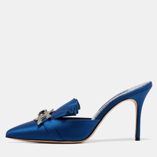 Manolo Blahnik Blue Satin Crystal Embellished Hosios Mules Size 39 - Manolo Blahnik - Modalova