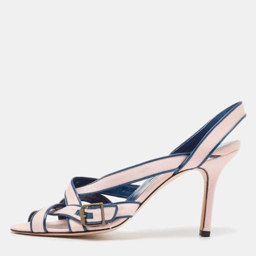 Manolo Blahnik Pink/Blue Canvas and Leather Ankle Strap Sandals Size 39 - Manolo Blahnik - Modalova