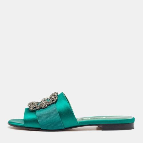 Manolo Blahnik Green Canvas and Satin Martamod Flat Slides Size 38 - Manolo Blahnik - Modalova