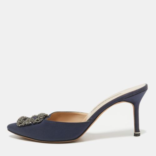 Manolo Blahnik Navy Blue Satin Hangisi Mules Size 40 - Manolo Blahnik - Modalova