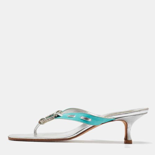 Manolo Blahnik Blue/Silver Leather Crystal Embellished Thong Sandals Size 41 - Manolo Blahnik - Modalova