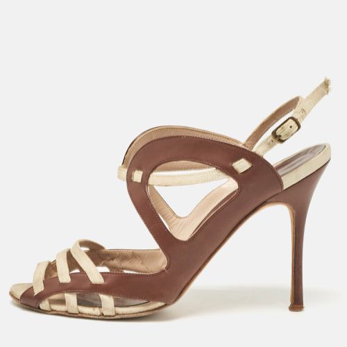 Manolo Blahnik Brown/Beige Canvas and Leather Strappy Slingback Sandals Size 37.5 - Manolo Blahnik - Modalova