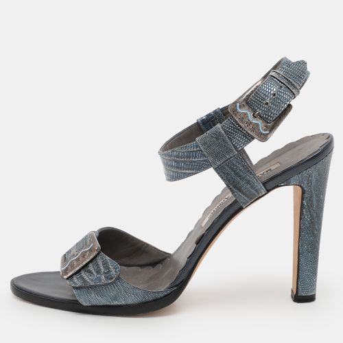 Manolo Blahnik Metallic Blue Lizard Embossed Leather Ankle Strap Sandals Size 38.5 - Manolo Blahnik - Modalova