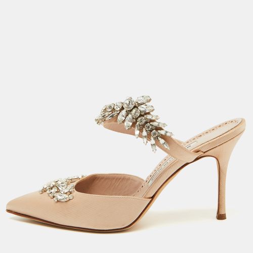 Manolo Blahnik Beige Satin Crystal Embellished Lurum Pointed Toe Mules Size 38 - Manolo Blahnik - Modalova