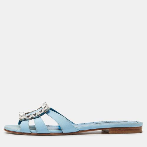 Manolo Blahnik Blue Fabric Crystal Embellished Flat Slides Size 40 - Manolo Blahnik - Modalova