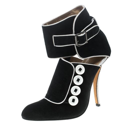 Manolo Blahnik Black/White Suede and Fabric Rapacina Button Detail Booties Size 35.5 - Manolo Blahnik - Modalova