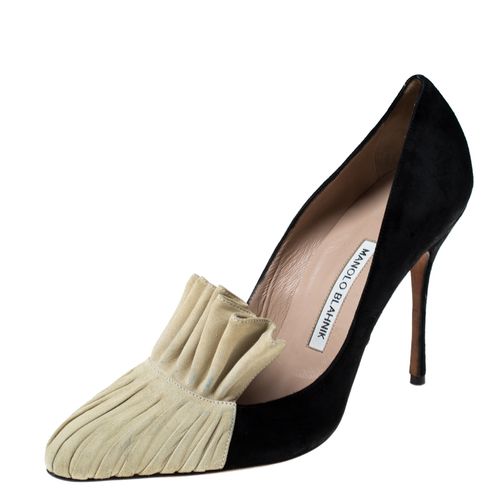 Manolo Blahnik Black And Beige Suede Arleti Frill Detail Pumps Size 39.5 - Manolo Blahnik - Modalova