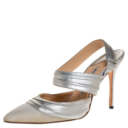 Manolo Blahnik Silver Leather And Grey Grosgrain Alla Pumps Size 37 - Manolo Blahnik - Modalova